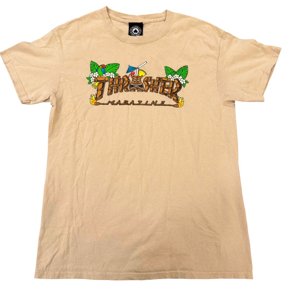 Thrasher Magazine Tiki Logo T-Shirt Mens Medium Tan Sand Skate Graphic Tee